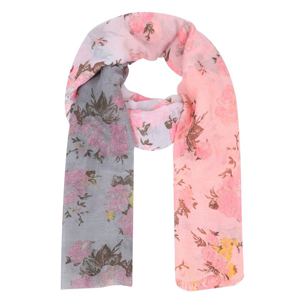 Grey & Coral Neon Floral Print Scarf