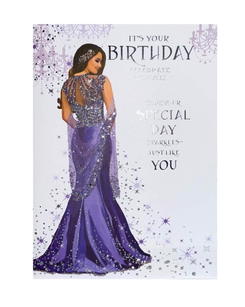 Women's Birthday Card-Purple Glitter Dress